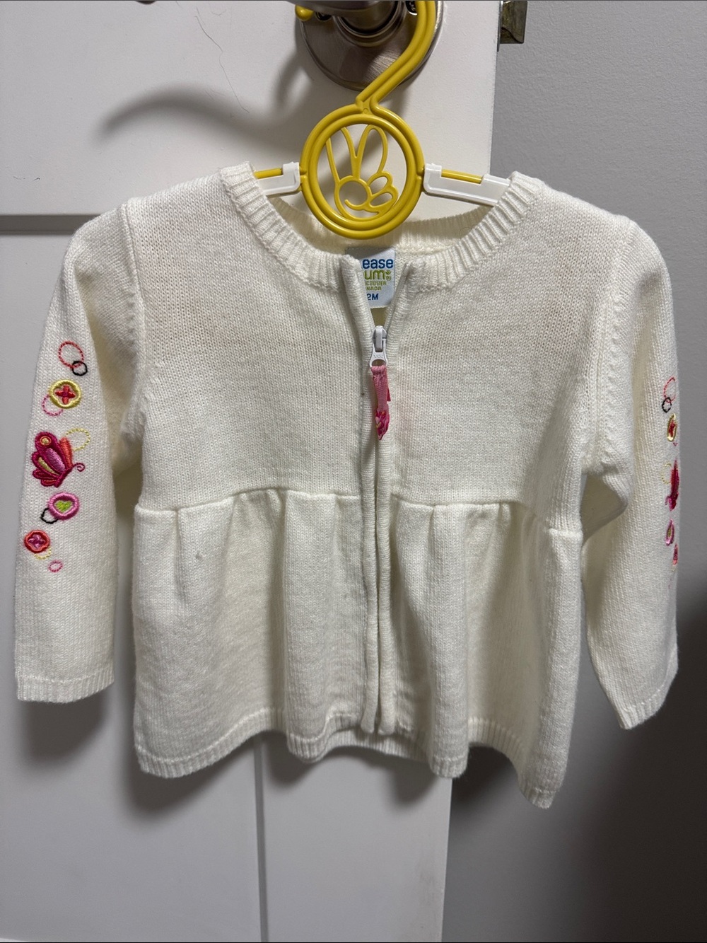 Gently Knit Cream Zip Cardigan with Pink Embroidered Sleeves